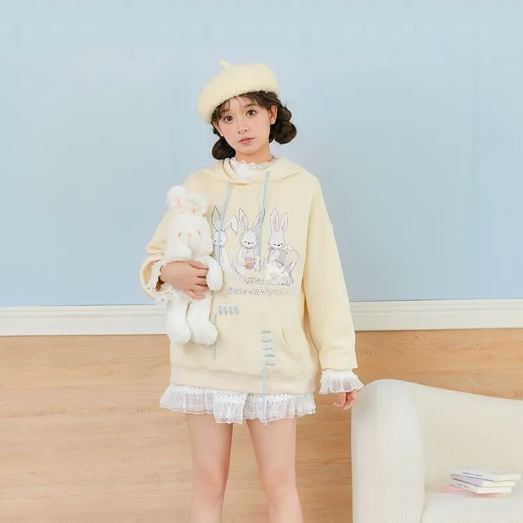 Cute Soft Girl Style Yellow Cartoon Rabbit Print Sweatshirt