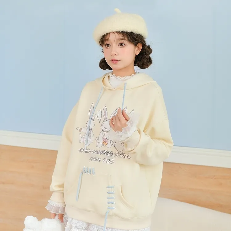 Cute Soft Girl Style Yellow Cartoon Rabbit Print Sweatshirt