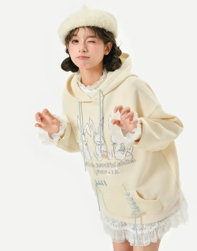 Cute Soft Girl Style Yellow Cartoon Rabbit Print Sweatshirt