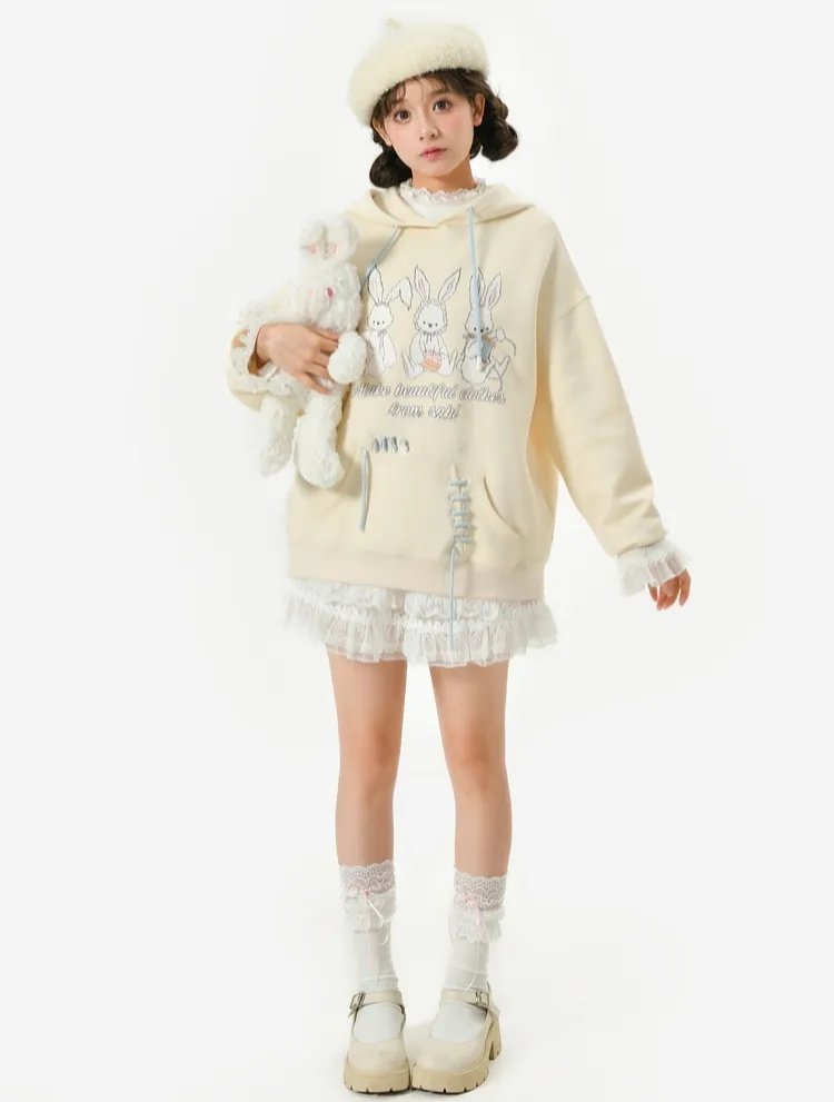 Cute Soft Girl Style Yellow Cartoon Rabbit Print Sweatshirt
