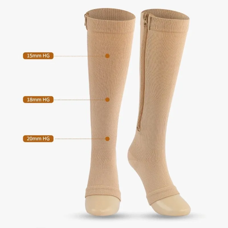 Cuzcare Knee High Compression Socks Women Breathable Calf Protection Side Zipper Open Toe