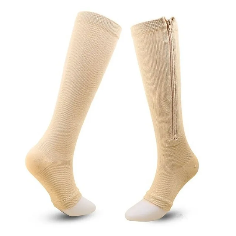 Cuzcare Knee High Compression Socks Women Breathable Calf Protection Side Zipper Open Toe