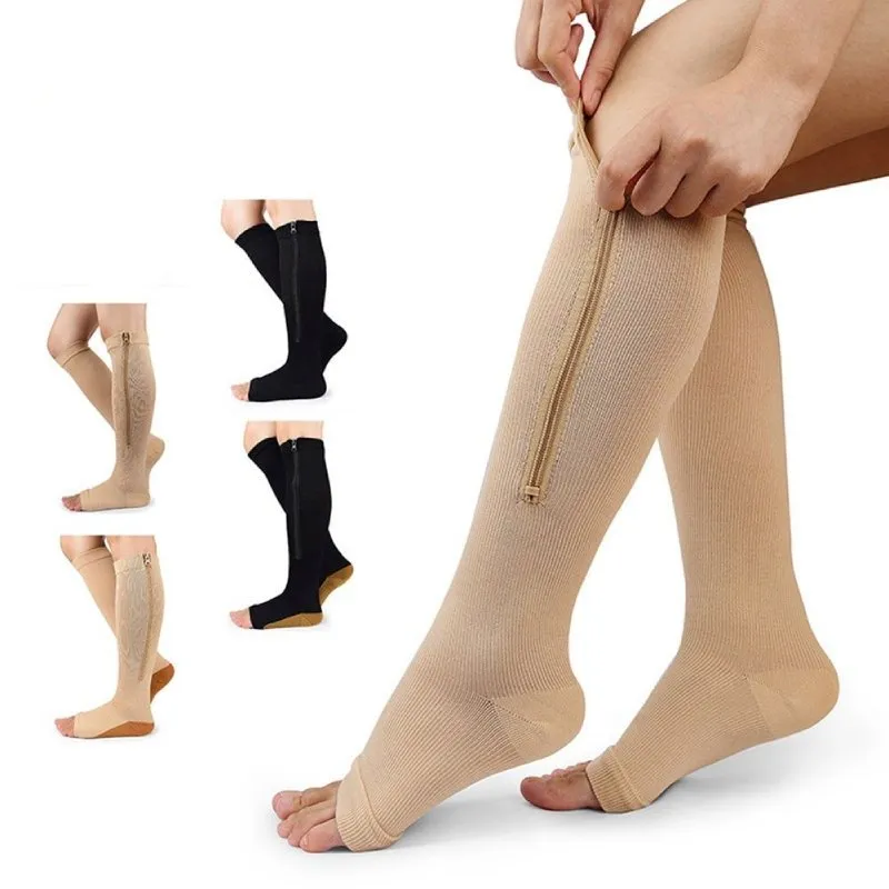 Cuzcare Knee High Compression Socks Women Breathable Calf Protection Side Zipper Open Toe