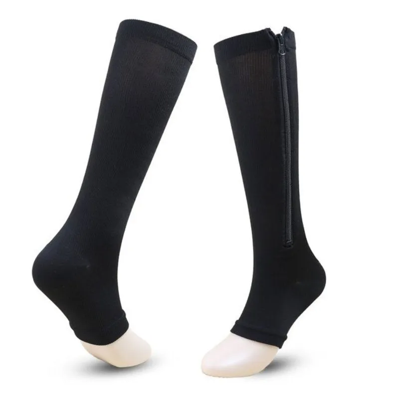 Cuzcare Knee High Compression Socks Women Breathable Calf Protection Side Zipper Open Toe