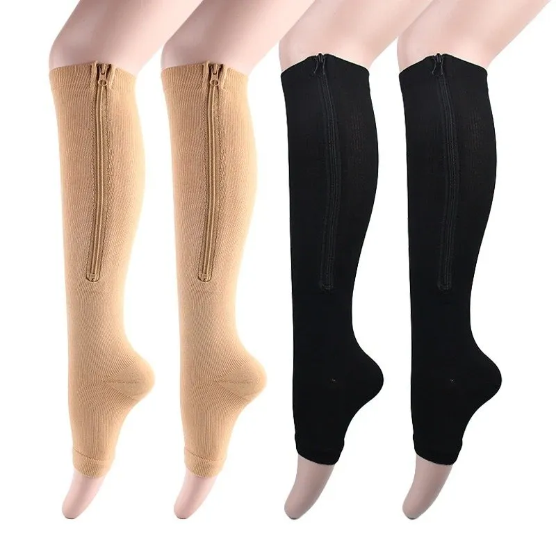 Cuzcare Knee High Compression Socks Women Breathable Calf Protection Side Zipper Open Toe