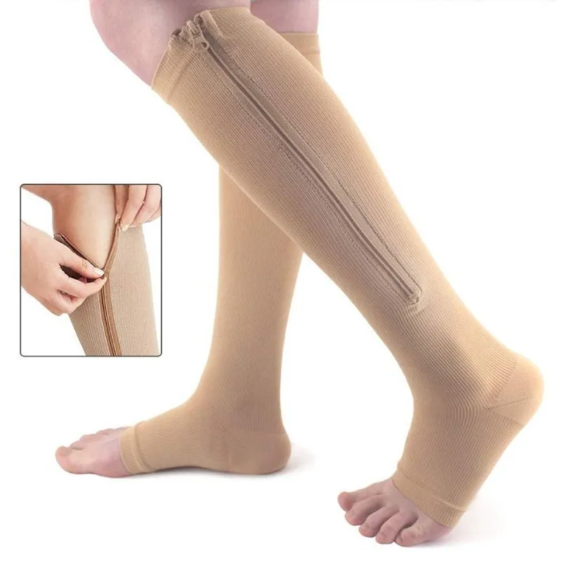 Cuzcare Knee High Compression Socks Women Breathable Calf Protection Side Zipper Open Toe