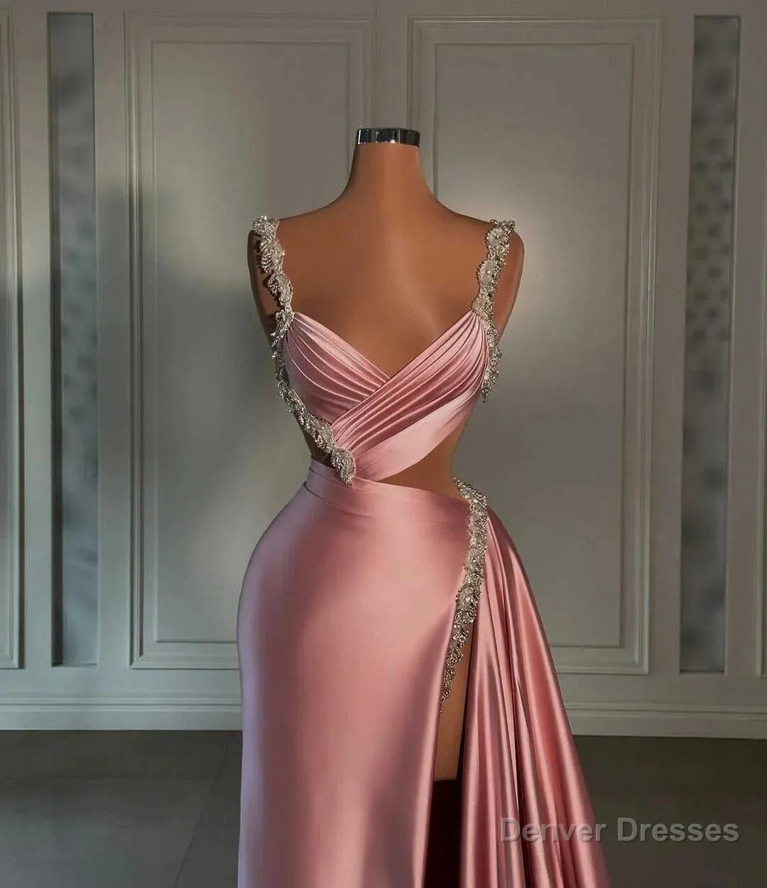 Glamorous Pink Prom Dress Sweetheart Spaghetti Strap With High Slit Trail
