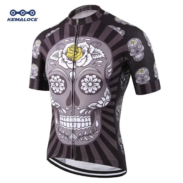 KEMALOCE Short Sleeve National Team Compression Cycling Jersey Ciclismo Top Popular Skull Bicycle Jersey Black Race Bike Shirts